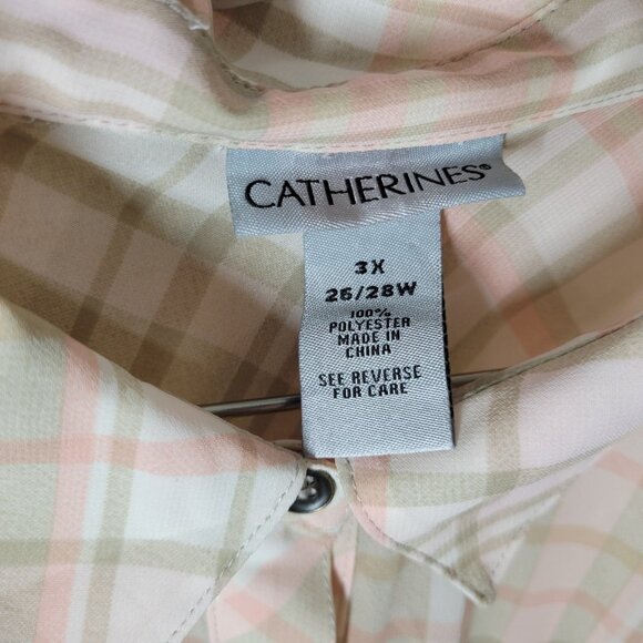 Catherines Womens Dress 3X Plus Button Up Pink Tan Plaid Sheer PLA10E - Picture 9 of 10